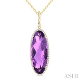 26x10 MM Oval Cut Amethyst and 1/3 Ctw Round Cut Diamond Semi-Precious Pendant With Chain in 14K Yellow Gold